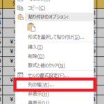 コンテキストメニュー上の列の幅メニュー