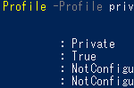 『private』プロファイルに対して、『Get-NetFirewallProfile』コマンドレットを実行した様子