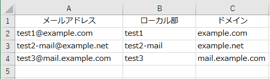 メールアドレスの『ローカル部』がExcelのB列に、『ドメイン』がC列に表示されている状態